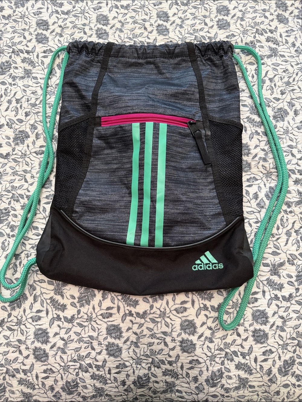 adidas Black Gym Sack with Teal Stripes and Pink Zip